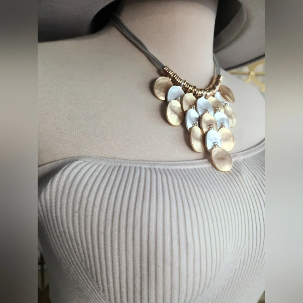 💛Goldtone and Silvertone🤍 Disc Statement Piece w/ Silvertone Cord Necklace - Picture 15 of 16